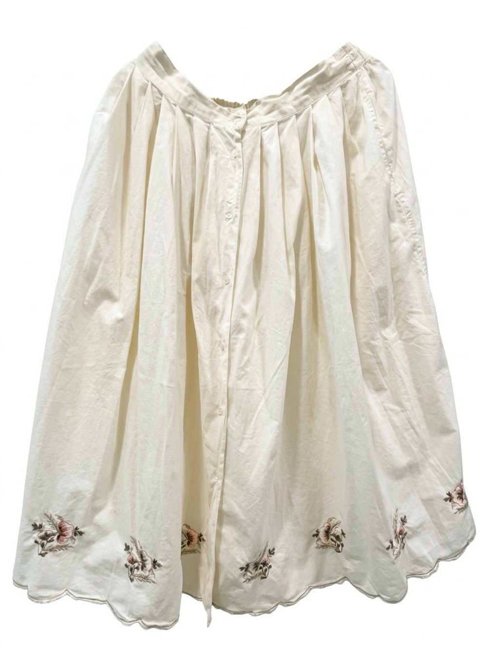 Cream A-Line Button-Front Skirt with Scalloped Floral Hem